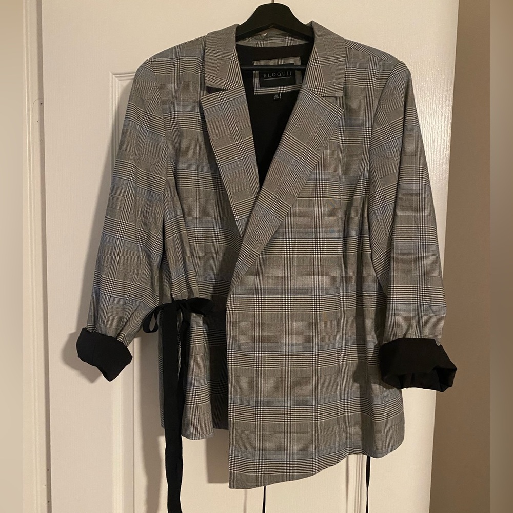 Eloquii Gray Plaid Wrap Blazer with Black Tie